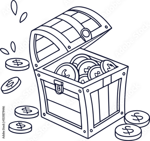 Treasure Chest Full of Gold Coins – Line Art Vector Illustration