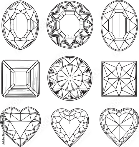 Collection of Gemstone Cuts and Shapes – Vector Line Art Set