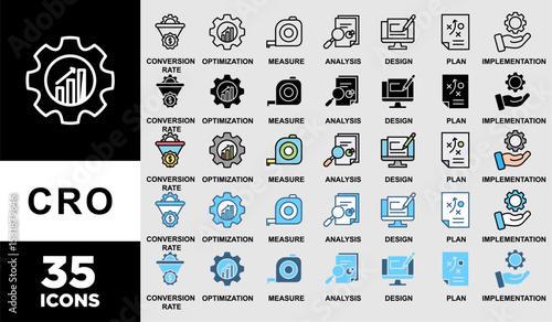 CRO icon set with various styles and colors of measure, analysis, design, plan, and implementation