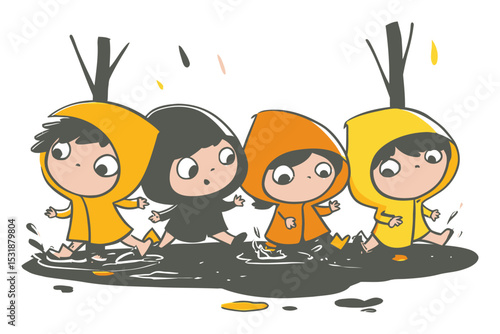 Four Playful Children in Colorful Raincoats Jumping in Puddles