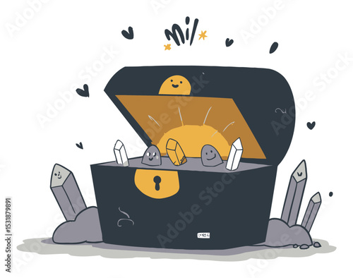Cute Cartoon Treasure Chest with Gems and Happy Characters in Vector Style