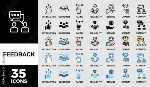 FEEDBACK icon set with various styles and colors of satisfaction, customer, rating, quality, comment, service and reliability