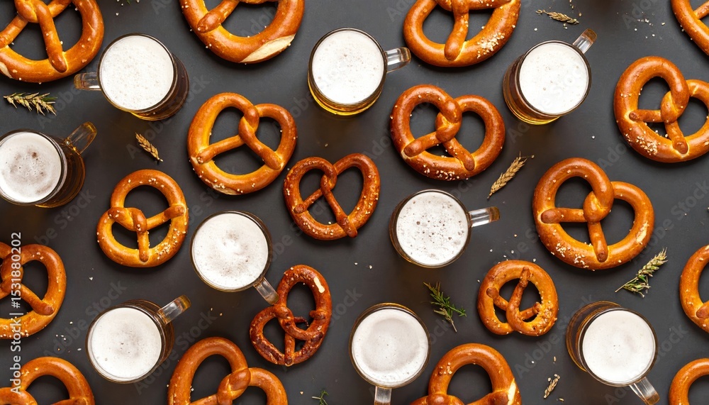 Fototapeta premium Festive flat-lay pattern featuring Oktoberfest beer mugs and pretzels arrangement