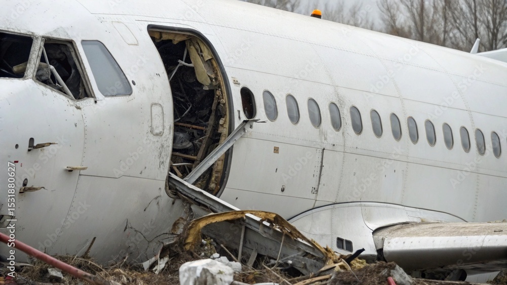 Fototapeta premium Close Up of Damaged White Aircraft Wreckage Lying on Dirt Ground With Debris Suitable for Disaster Documentation and Research