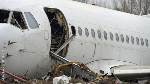 Wallpaper Mural Close Up of Damaged White Aircraft Wreckage Lying on Dirt Ground With Debris Suitable for Disaster Documentation and Research Torontodigital.ca