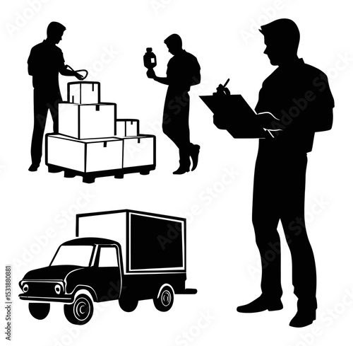 Silhouette Icons of Delivery Workers, Packages, and Delivery Truck Vector