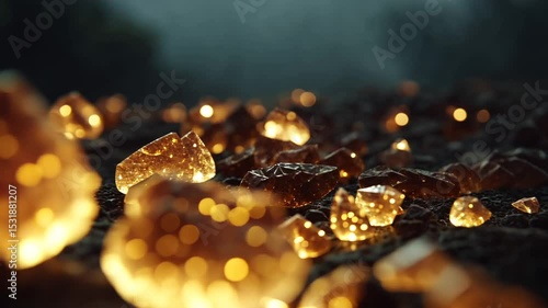 Glimmering amber stones scattered on a forest floor