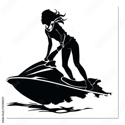 Stylish silhouette of a woman riding a jet ski in dynamic pose