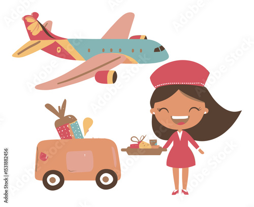 Cheerful Cartoon Flight Attendant with Airplane and Snack Cart