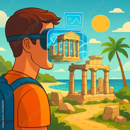 Augmented reality travel concept featuring virtual tour of ancient ruins and exploration