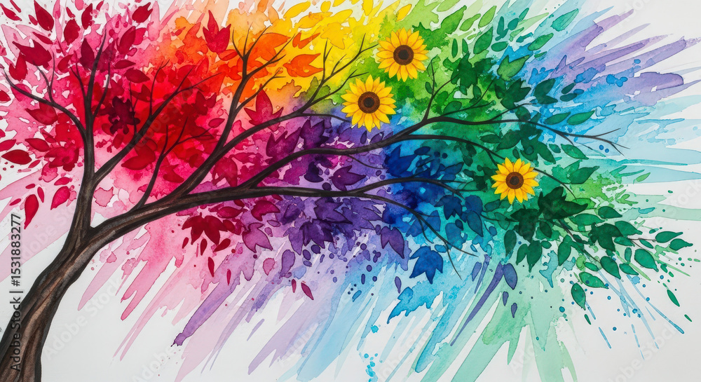 Naklejka premium Watercolor Painting Of A Colorful Tree With Rainbow Foliage And Vibrant Sunflowers Blooming Against White Background