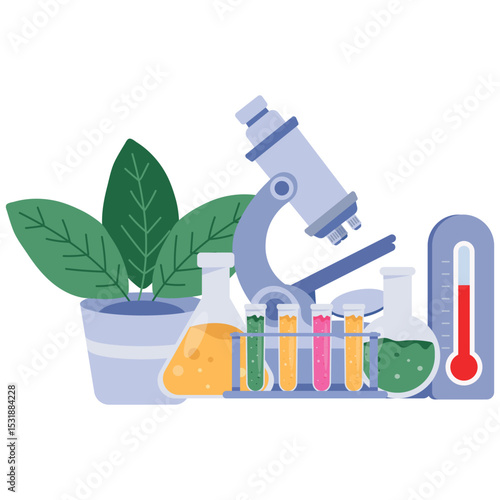 Laboratory Education. Vector illustration of Flat illustration of stacked textbooks with scientific flasks and connected lab tubes for academic learning. Isolated on background