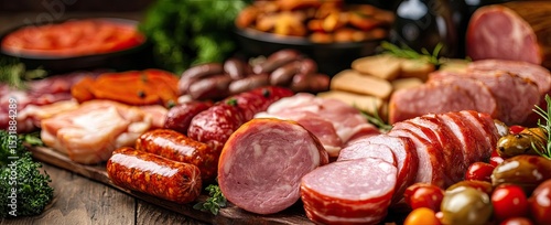 Assorted cured meats and sausages on a wooden board (3)