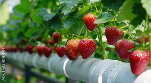 Fresh strawberries growing in a greenhouse
