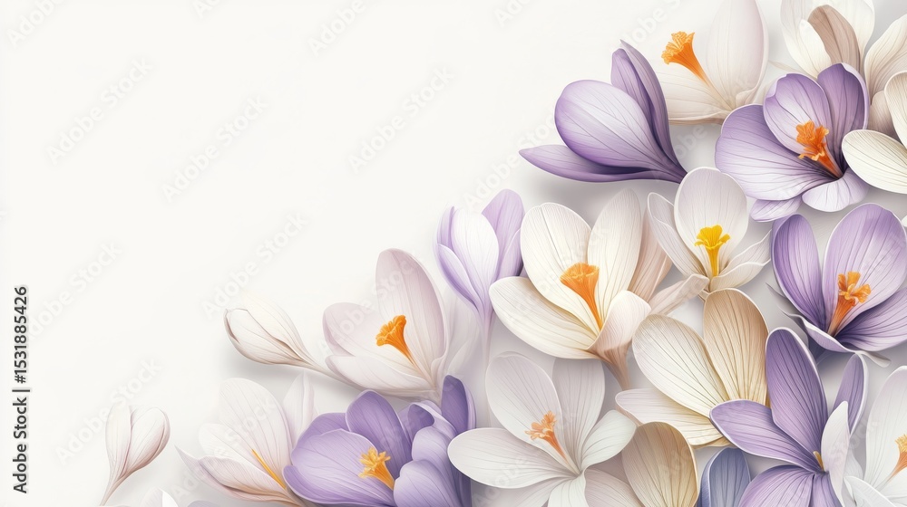 Fototapeta premium 17.A clean and modern template with crocus flowers arranged in a cascading design, their petals in gradient colors of lavender, gold, and cream, displayed against a crisp white background.