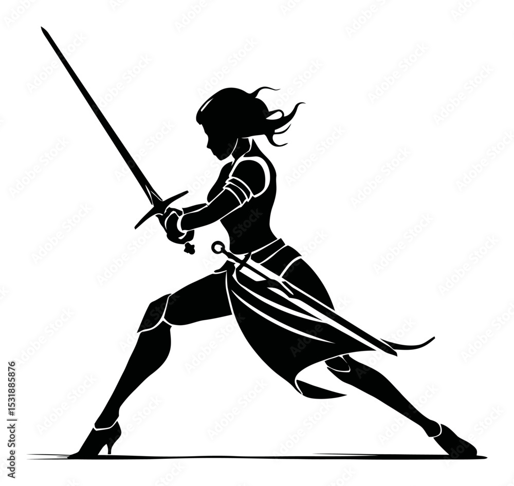 Fototapeta premium Dynamic Silhouette of a Warrior Woman in Action with Sword Pose