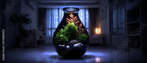 Decorative terrarium in a dark room