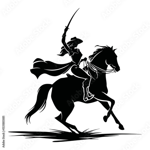 Dynamic Silhouette of a Horse Rider with Sword in an Action Pose