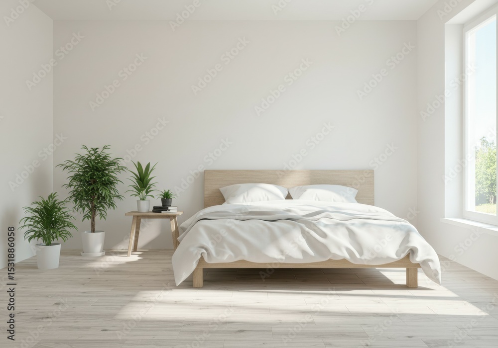 Fototapeta premium Minimalist Bedroom with Plants and Natural Light