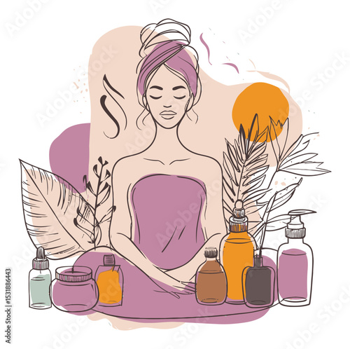 Serene Woman in Spa Setting with Essential Oils and Tropical Elements