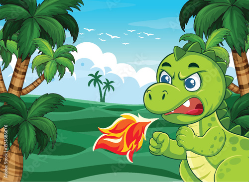 Cartoon Dinosaur Breathing Fire in Jungle Landscape