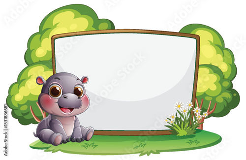Cute Hippo with Blank Signboard