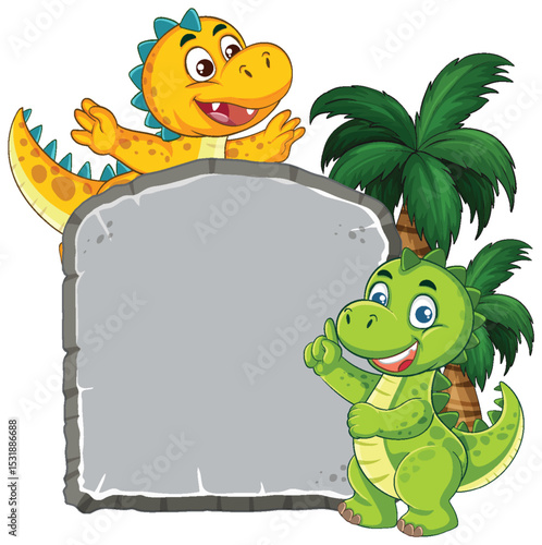 Playful Dinosaurs with Tropical Background Illustration