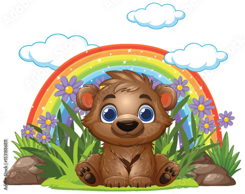 Cute Bear Cub Under Rainbow