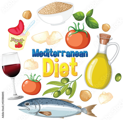 Mediterranean Diet Food Illustration with Fresh Ingredients