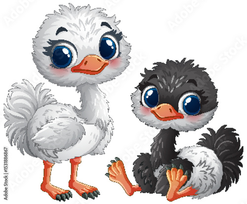 Adorable Baby Ostriches in Cartoon Style