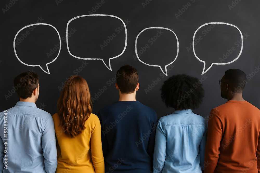 Obraz premium Diverse Group Brainstorming: A diverse group of people stand facing a chalkboard with empty speech bubbles drawn on it, representing a brainstorming session or communication concept. 