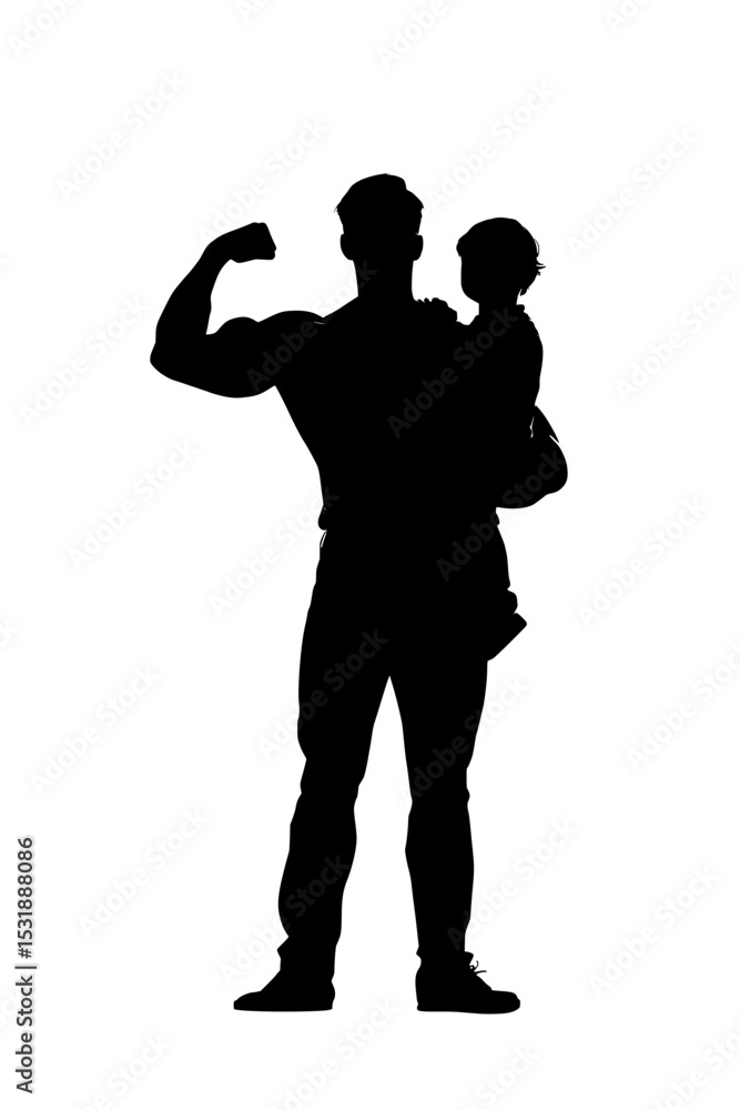 Strong father holding child in silhouette, Silhouette of a muscular father holding a child and flexing arm, symbolizing strength, protection, and parental love.
Strong father holding child in silhouette, Silhouette of a muscular father holding a child and flexing arm, symbolizing strength, protection, and parental love.