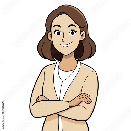 Professional woman in a cream colored cardigan, offering a soft and approachable professional image, conveying warmth and gentle authority.