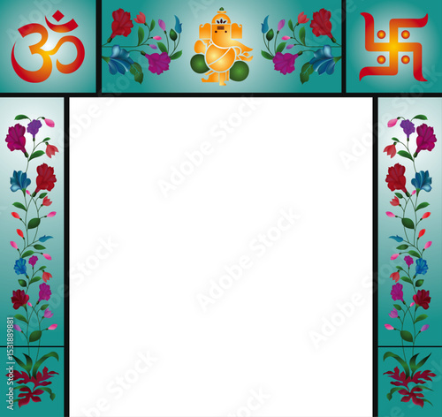 Arch for pooja room decoration. god ganesha, om and sawastik, flowers