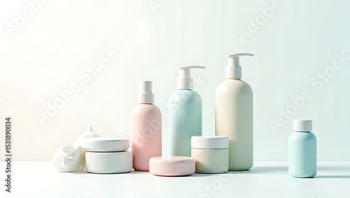 Set of matte cosmetic tubes in gradient colors arranged diagonally on light grey background. Modern minimalist beauty product showcase.