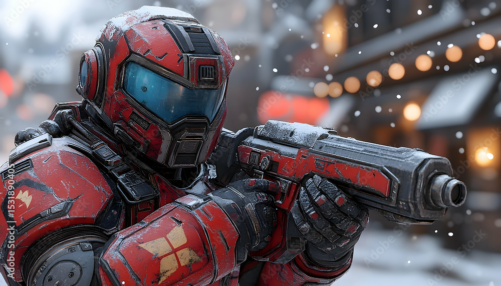 Fototapeta premium Red armored soldier aiming weapon in snowy city dramatic lighting detailed texture