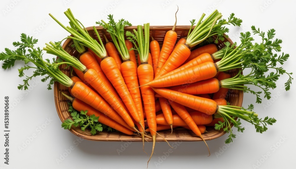 fresh, juicy carrots arranged neatly in the center of the frame, inside an eco friendly bamboo basket, isolated on pure white background fresh, juicy carrots arranged neatly in the center of the frame, inside an eco friendly bamboo basket, isolated on pure white background