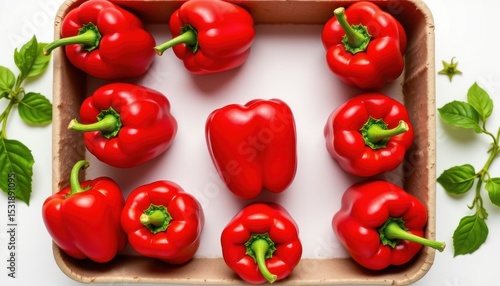 fresh, juicy red bell peppers arranged neatly in the center of the frame, inside an eco friendly paper pulp tray, isolated on pure white background