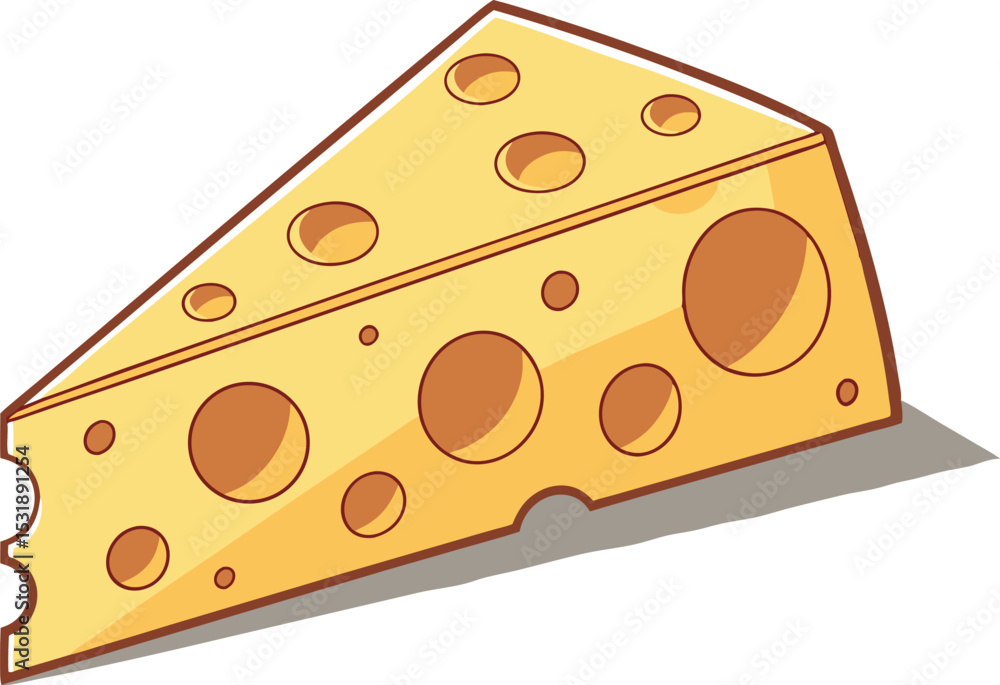 Cartoon illustration of a yellow cheese wedge with several round holes showing shadow. Cartoon illustration of a yellow cheese wedge with several round holes showing shadow.