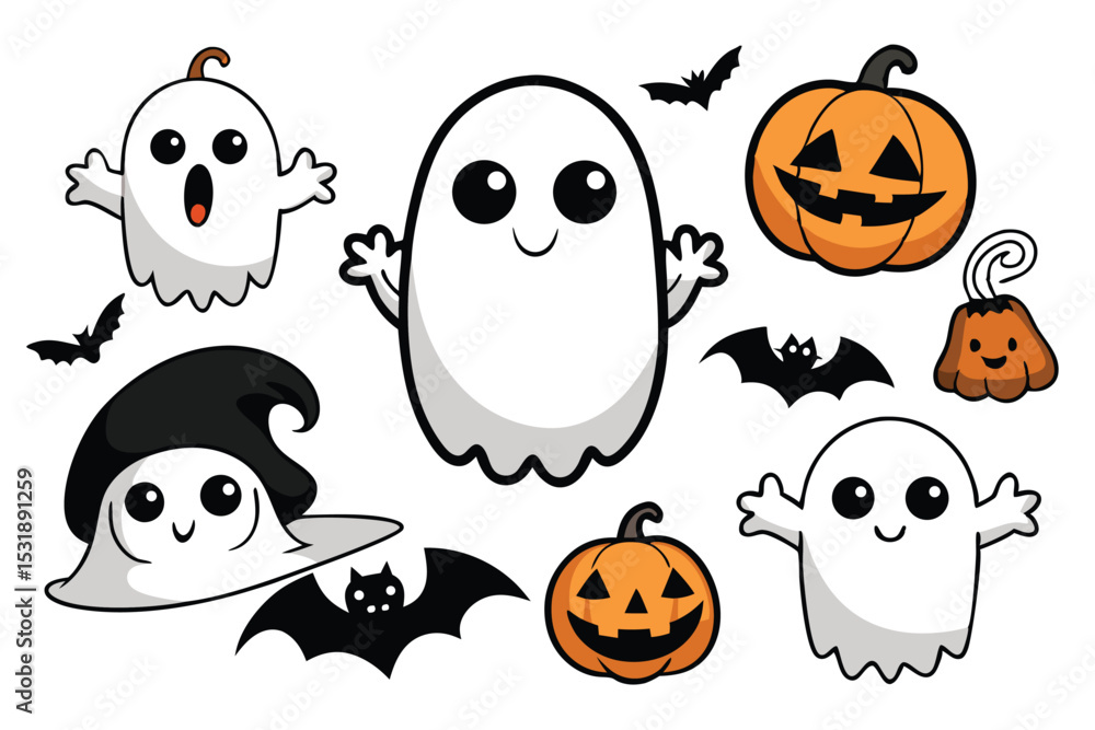 Fototapeta premium Cute Halloween Cartoon Ghosts and Pumpkins Vector Illustration Set