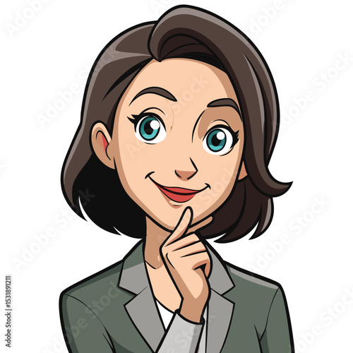 Professional woman with a subtle hand gesture near her face, conveying thoughtful communication and engagement, a natural and refined expression.