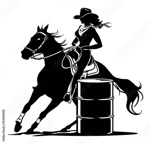 Silhouette of a Cowgirl Riding a Horse in Barrel Racing Action