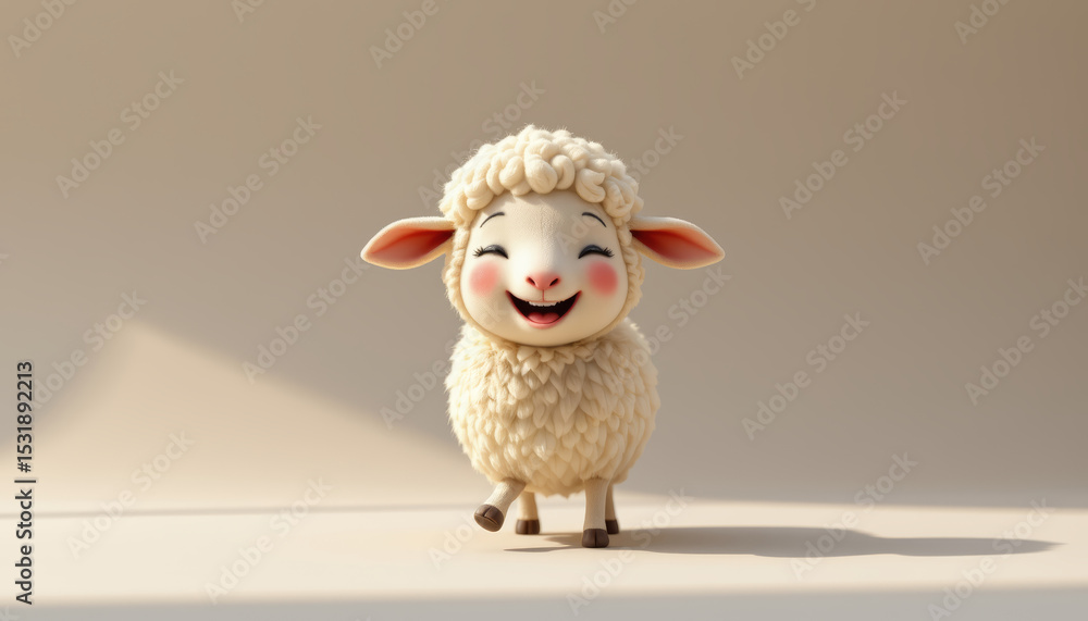 Naklejka premium Happy animated sheep figure with fluffy wool and joyful expression standing on smooth surface in soft light
