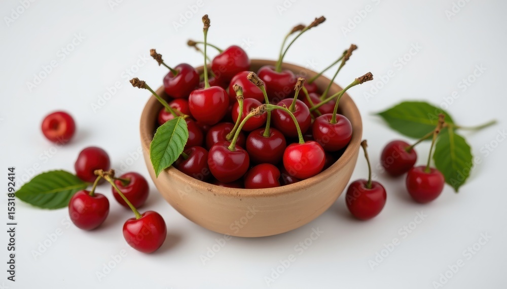 fresh, juicy cherries arranged neatly in the center of the frame, inside an eco friendly ceramic bowl, isolated on pure white background fresh, juicy cherries arranged neatly in the center of the frame, inside an eco friendly ceramic bowl, isolated on pure white background