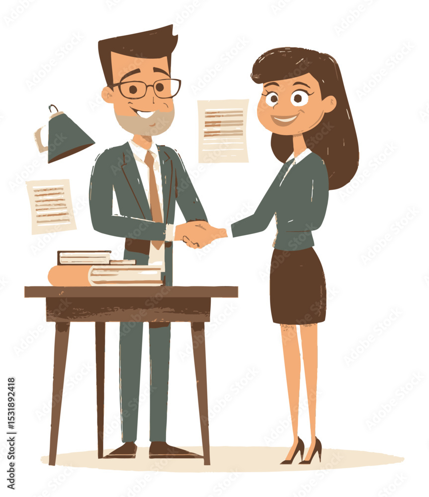 Cartoon Characters Shaking Hands in an Office Setting Vector Illustration Cartoon Characters Shaking Hands in an Office Setting Vector Illustration