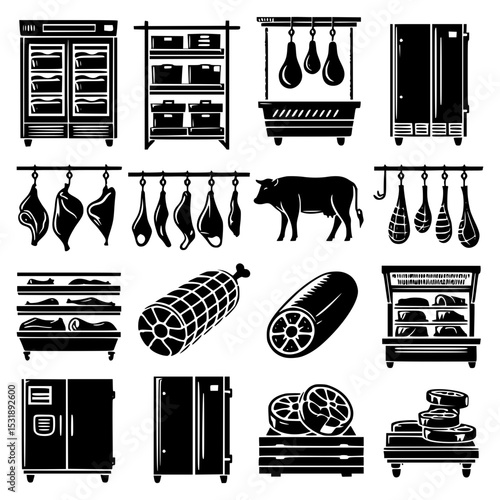 Butchery shop icons meat processing equipment