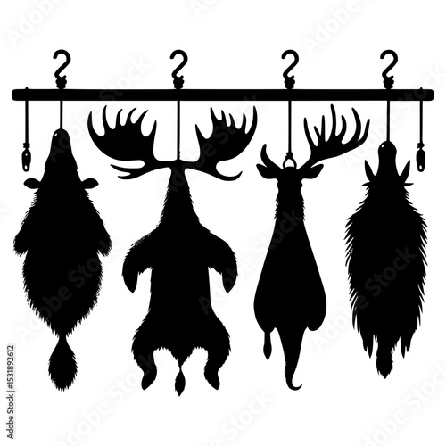 Silhouette of four game animals hanging