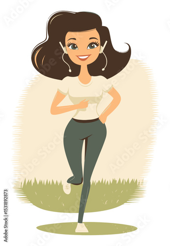 Energetic Cartoon Woman Jogging in Athletic Outfit with Headphones