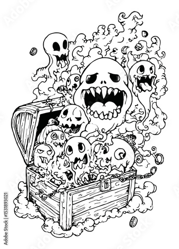 Whimsical Doodle of Ghosts Escaping from an Old Treasure Chest