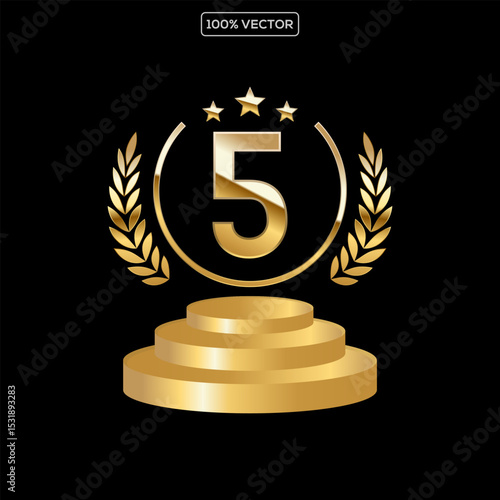 Golden Number Award on Podium Stage. Number Ranking 5. Vector Illustration